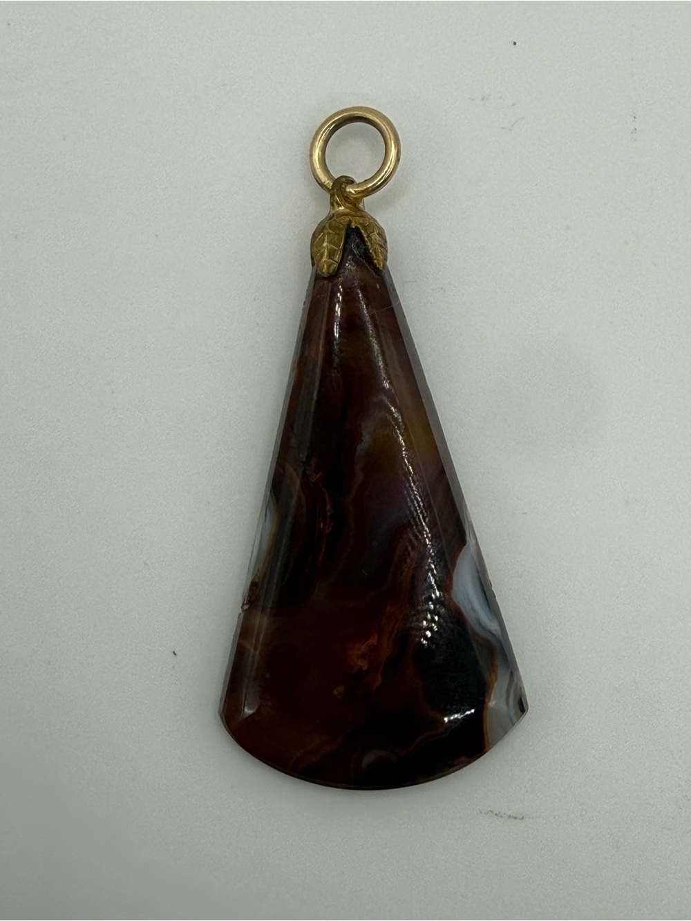 Vintage Natural Agate Jasper Pendant Gold Tone Leaf Cap 2”